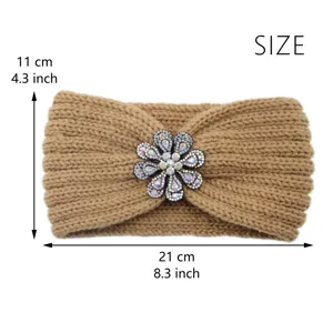 Knitted winter headband with colorful rhinestone flower, warm wool hair band for women.