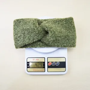 Green plush twist knitted headband for women, soft winter warm wide hair band daily wear.