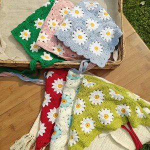 Pastoral Polyester Knit Daisy Headband Hollow Out Woven Hair Band Floral Head Wrap Bandana For Women