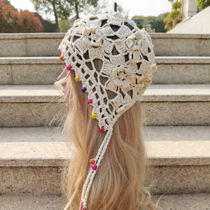 Handmade Crochet Knit Beanie Hat For Women Vintage Hollow Out Flower Pullover Hat With Tassel Braid Color Beads Boho Headwear