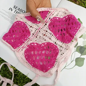 Crochet pink heart bandana headband, cute floral square hair accessory for spring and summer.