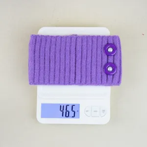 Purple knitted ribbed headband with pearl buttons, cozy winter ear warmer and hair hoop.
