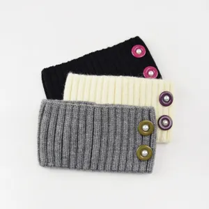 Knitted ribbed ear warmer headband with pearl buttons, winter cozy hair accessory set.