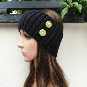 Black knitted headband with green pearl buttons, warm ear warmer for winter daily wear.