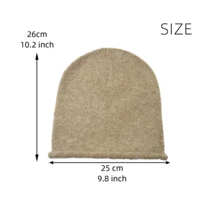 Detailed view of the solid color knitted beanie hat with precise dimensions and rolled edge.