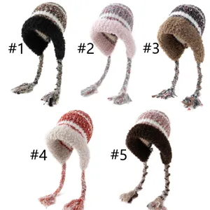 Plush knit braided tassel beanie winter warm ear-flap hat detail view showing color options.