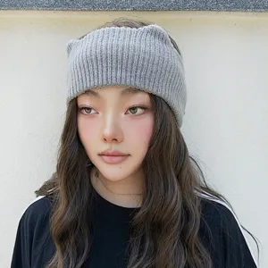Fascia per capelli con orecchie di gatto in maglia grigia, calda e larga per autunno e inverno.
