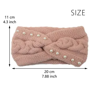 Detalle de diadema de punto rosa con perlas, accesorio de cabello cálido, 20x11cm