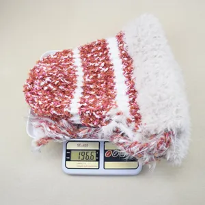 Multicolor fluffy knitted winter hat, plush dopamine beanie with tassels, warm and cozy.