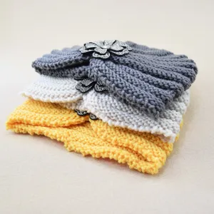 Rhinestone flower knit headband detail showing multi-color winter warm wool turban accessory.