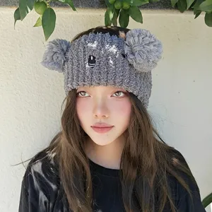 Grey coral fleece animal embroidery wide headband knit hairband for washing face daily wear