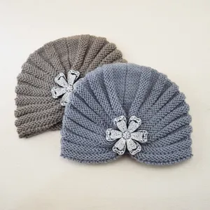 Chic rhinestone flower knitted turban hat detail, warm winter woolen cap for women.