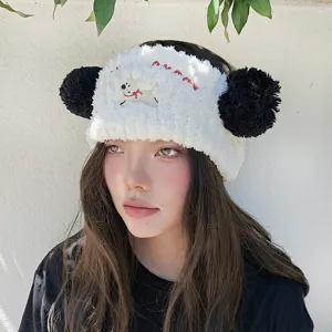 Coral fleece wide hair band with animal embroidery and pom poms, soft face wash headband.