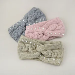 Elegante diadema de punto ancho para mujer otono invierno perla trenzada accesorio de cabello