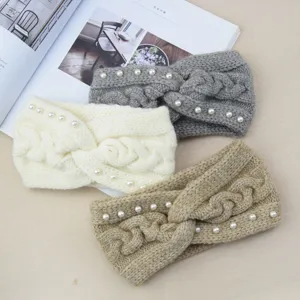 Chic invierno tejido cintas para el pelo con perlas, anchas bandas para moda cálida.