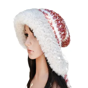 Cozy plush knitted winter hat with wide fluffy brim and earflaps, side view product display.