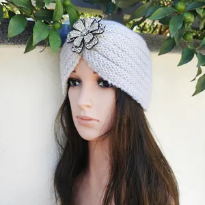 Beige knit turban hat with dazzling rhinestone flower, cozy winter warm beanie for women.