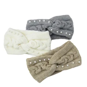 Diadema de punto con perlas sintéticas invierno cálido trenza diadema ancha elegante