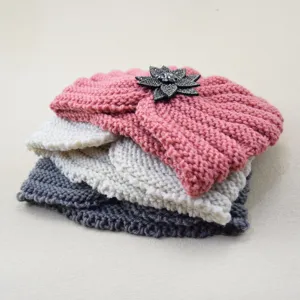 Knitted turban headband winter warm wool hair band with rhinestone flower accessory