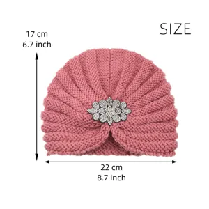 Femme bonnet turban tricoté rose avec détail fleur en cristal hiver chaud bonnet 17x22cm