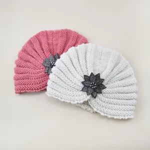 Cozy knitted turban hats with sparkling crystal flower brooch for women winter warm caps.