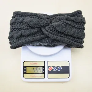 Dark grey thick knit fleece-lined winter headband, warm ear warmer for cold weather details.