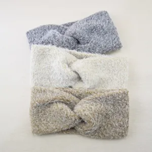 Plush twisted headband detail, soft cozy fuzzy knitted hairband close-up view options.