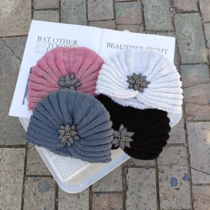 Cozy winter knitted turban hat with crystal flower brooch, warm woolen caps in multi-colors.