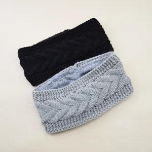 Close-up detail of soft fleece-lined cable knit headband in classic black and grey colors.