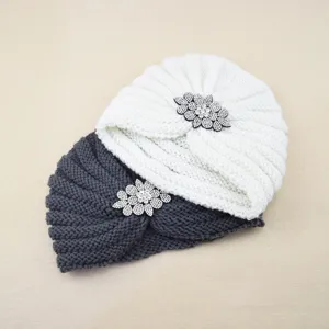 Bonnet turban tricoté chaud d'hiver pour femme avec broche fleur strass brillante élégant