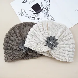 Knitted turban hat with rhinestone flower brooch, warm wool beanie for women autumn winter.
