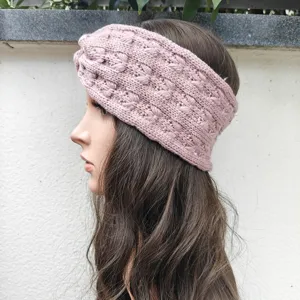 Pink knitted winter headband, cozy crochet ear warmer, thick fleece-lined hair accessory for women