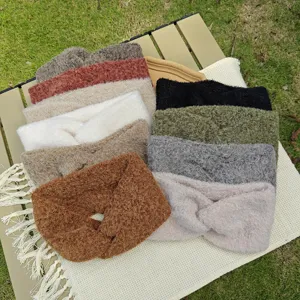 Plush cross headband solid color knitted winter hairband fluffy wide ear warmer accessory