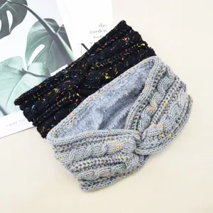 Detailed shot of thick knitted fleece-lined ear warmer headband in black and grey colors.