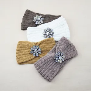 Knitted headband winter warm hair accessories rhinestone flower elastic hair band 4 colors pack