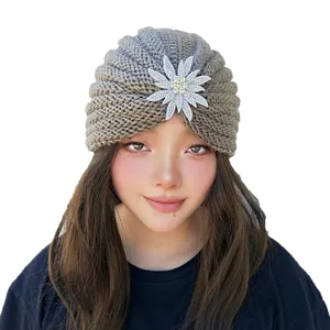 Womens winter warm knitted turban hat with crystal rhinestone flower brooch elegant headwear