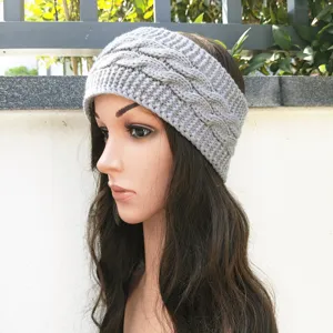 Grey cable knit headband detail, winter warm knitted hair accessory for daily wear and sports.