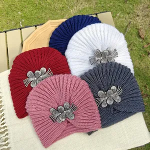 Knitted turban hat with rhinestone flower brooch, warm winter multi-color stretch head wrap.