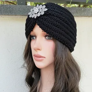 Bonnet turban en tricot strass pour femmes hiver chaud noir élégant couvre-chef fleuri