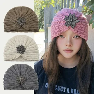 Women Winter Warm Knit Beanie Hat With Rhinestone Flower Elegant Turban Headwrap For Autumn Winter Outdoor Daily Accessories