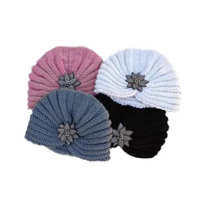 Knitted turban hat set with crystal flower brooch winter warm woolen head wrap caps