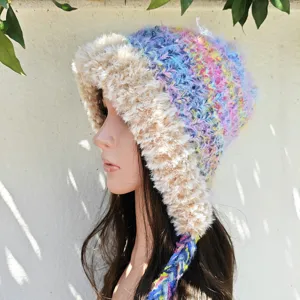 Damen Winter Warm Gestrickte Ohrenklappen Mütze Bunte Dopamin Stil Slouch Beanie Mit Quastenzöpfen Plüschbesatz Slouchy Mütze