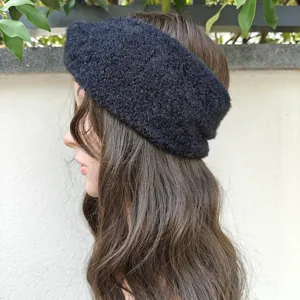 Black fuzzy knitted headband winter ear warmer plush hair band thick wide hair accessories