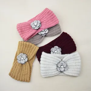 Πλεκτό χειμερινό headband με στρας καμέλια πέρλα, ζεστό αξεσουάρ μαλλιών για γυναίκες.