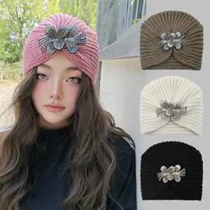 Women's Winter Knitted Beanie Hat With Rhinestone Flower Indian Style Turban Hat Warm Crochet Skull Cap For Autumn Winter