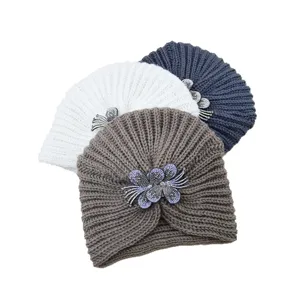 Stylish women winter knit turban hat with dazzling rhinestone flower design warm beanie cap main view