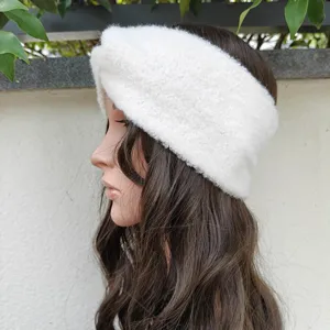 White plush fleece wide headband for women winter warm cross hair band ear protection makeup
