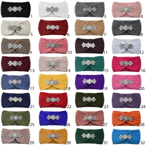 Knitted headband winter warm hair band with rhinestone flower crystal embellishments for women