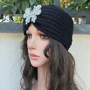 Schwarze Strick Strass Schmetterling Stirnband warme Winter Haaraccessoires fur Damen