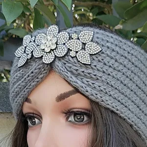 Grey Knitted Rhinestone Headband Winter Warm Hair Band Elegant Flower Hair Accessories
